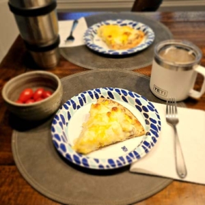 Breakfast pizza is ready to eat